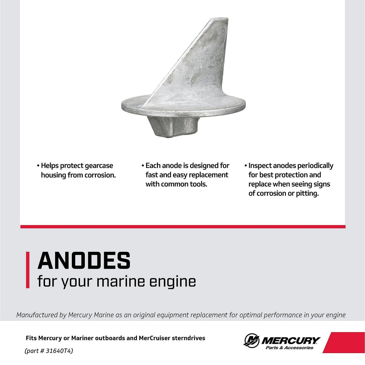 Mercury 31640T4 Outboard Aluminum Anode Trim Tab - Fits Most Mercury/Mariner Outboards 35 HP and above - all MerCruiser except Bravo