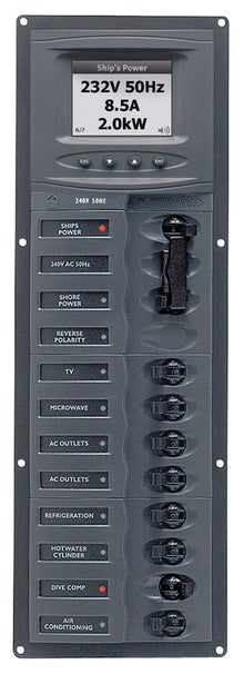 BEP Marine circuit breaker panel AC 230V 8x single pole 1x5A 3x10A 3x15A 1x20A 2x double pole 1x20A 1x30A vertical with AC colour system monitor (ACSM) (900-AC2V-ACSM)