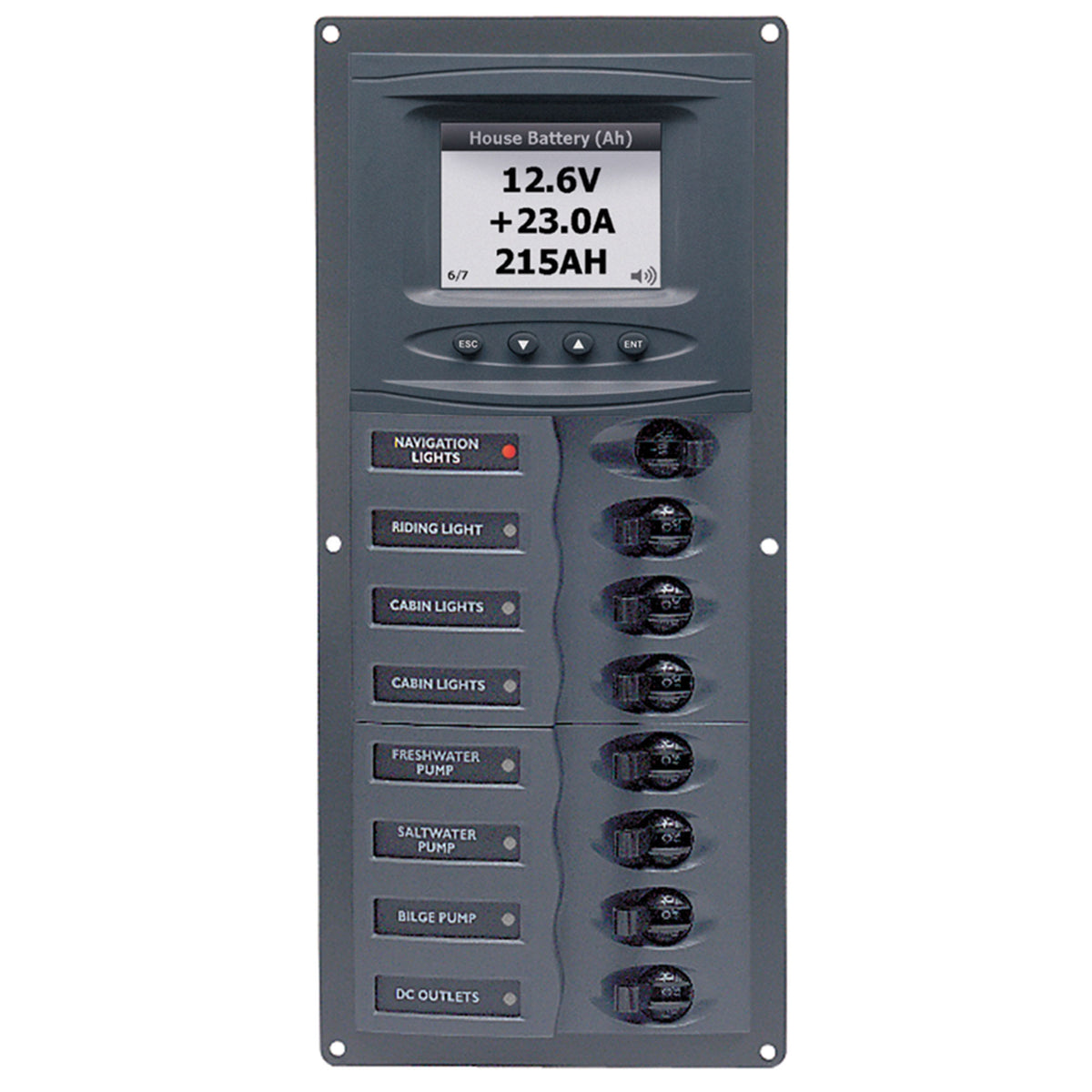 BEP Marine circuit breaker panel DC 12V 8x single pole 2x5A 2x10A 3x15A 1x20A vertical with DC colour system monitor (DCSM) (901V-DCSM)