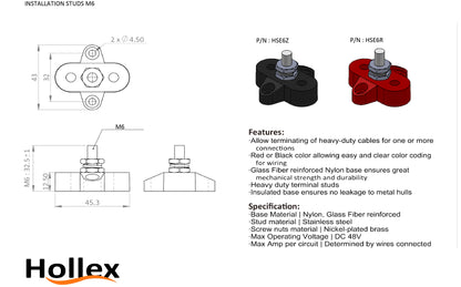 Hollex aansluitstud enkelvoudig M6 zwart (HSE6Z)