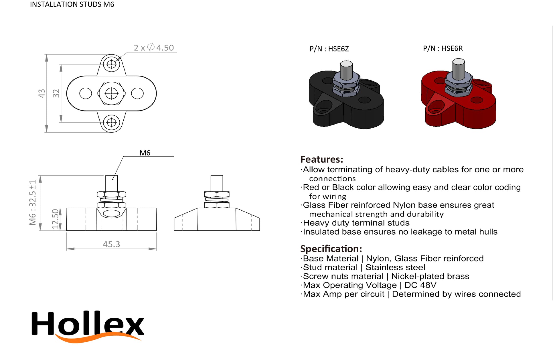 Hollex aansluitstud enkelvoudig M6 zwart (HSE6Z)